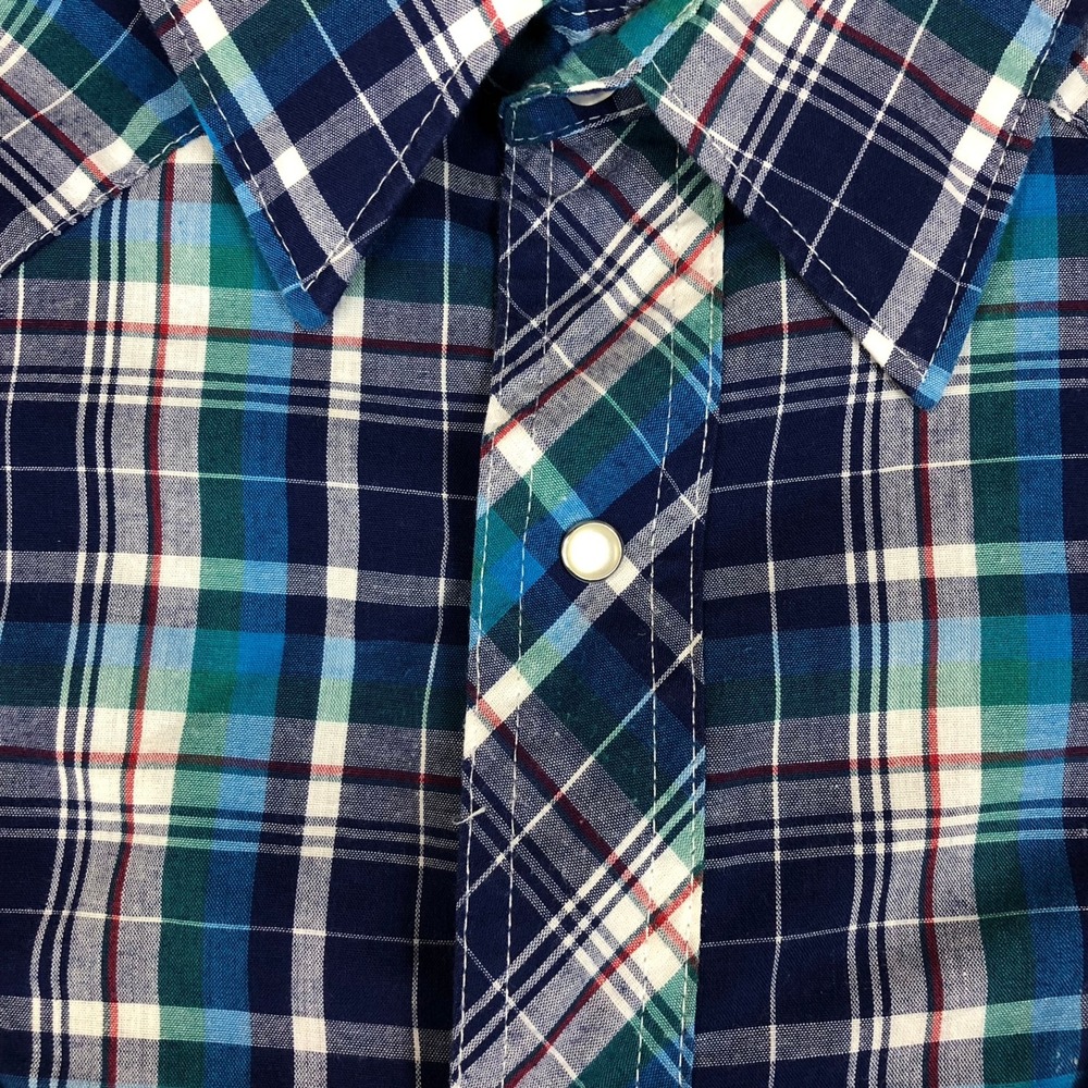 Wrangler Western Shirt Mens 4X Blue Green Plaid Pearl Snap Short Sleeve Big Tall - Picture 3 of 14